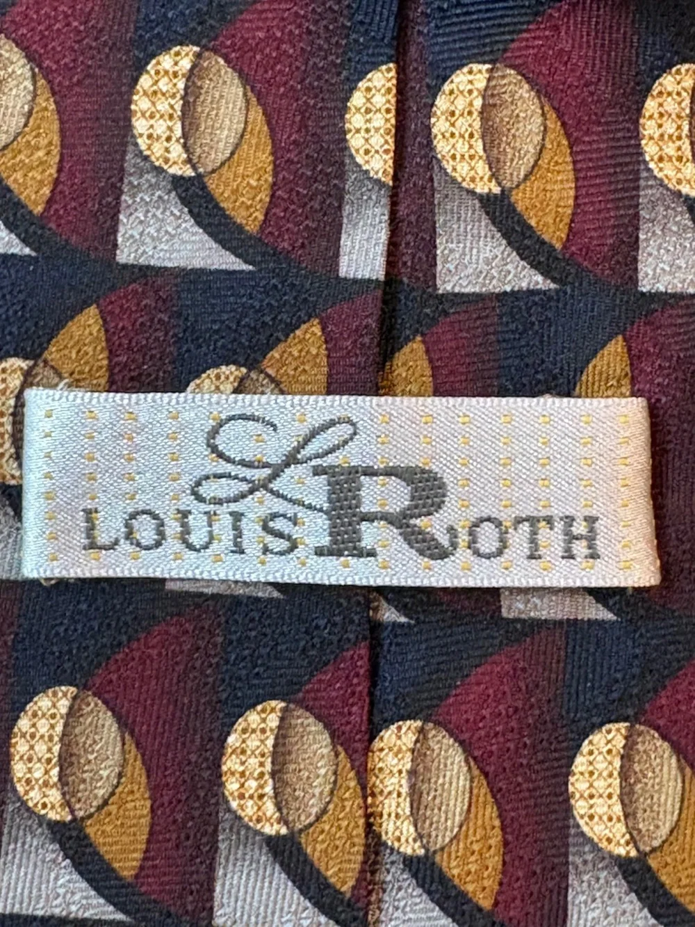 Vintage Louis Roth Silk Geometric Abstract Necktie Maroon Gold Silver